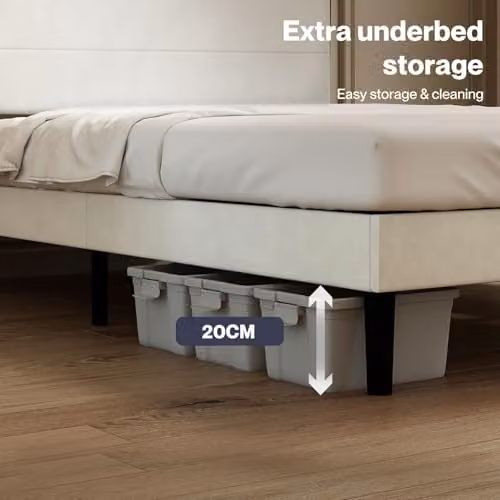 Levede Double Bed Frame with Adjustable Upholstered Velvet Headboard and Wooden Slats, Beige, W: 135 cm, D: 190 cm – 5