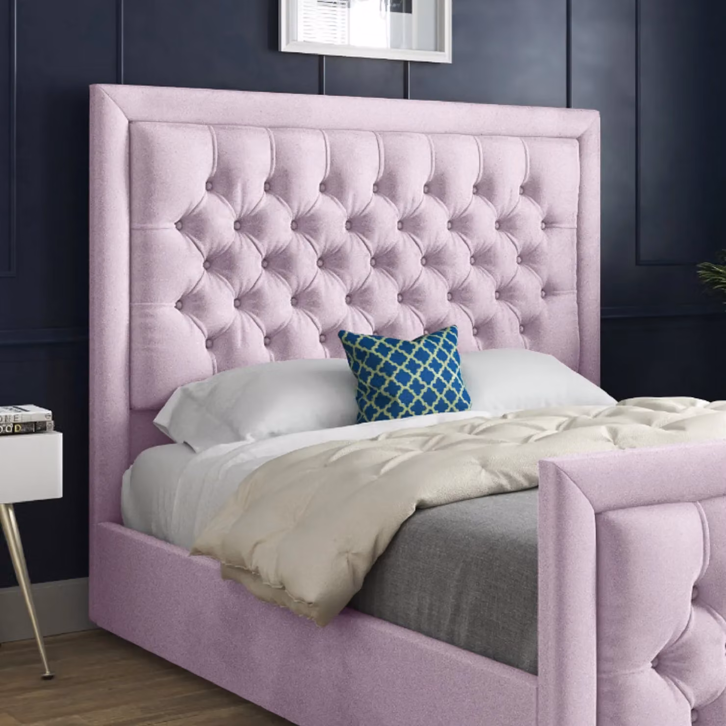 Casani Modern Upholstered Velvet Bed Frame in Pink, W/D/H: 137 x 120 x 200 cm – 3