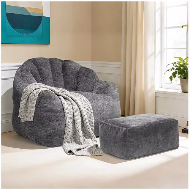 Aosom Grey Oversized Ergonomic Bean Bag Chair with Full-Body Segmented Support, W: 99 cm, D: 86.5 cm, H: 64.5 cm