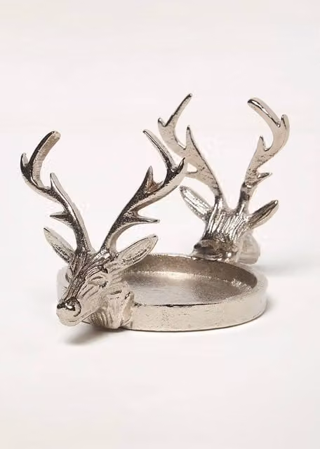 Homescapes Silver Reindeer and Stag Metal Pillar Candle Holder for Christmas Tabletop Decor