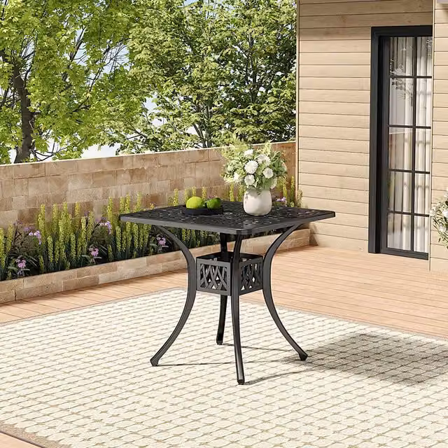 Livingandhome Outdoor Cast Aluminium Garden Dining Table with Parasol Hole, Black
