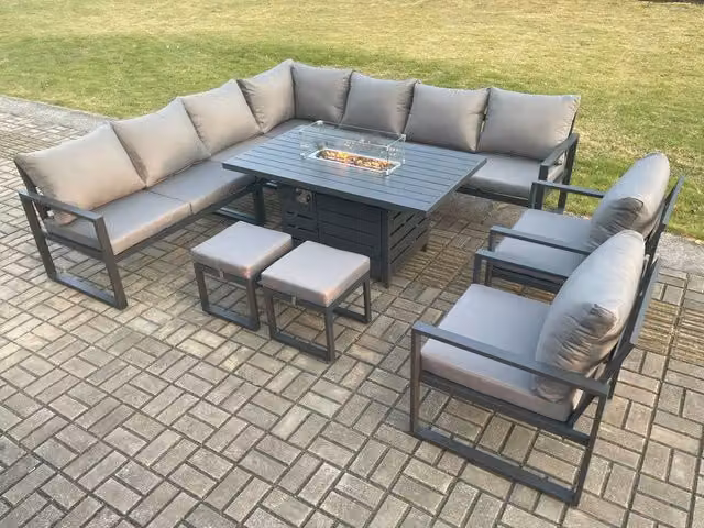 Fimous 11 Seater Aluminium Garden Furniture Set with Gas Fire Pit Dining Table and Chairs in Dark Grey