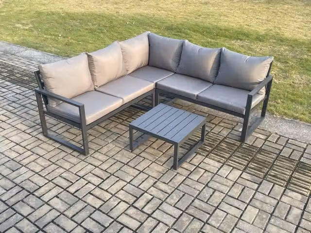 Fimous L-Shape Outdoor Garden Furniture Set in Dark Grey with Powder Coated Aluminium Frame, 2-Seater Sofa, Corner Element, Coffee Table and Upholstered Cushions
