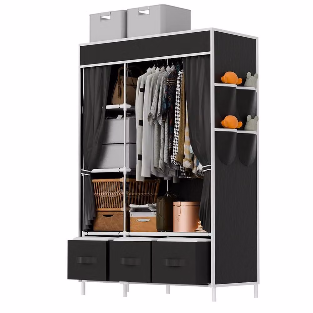 SPETLEK Black Fabric Canvas Wardrobe with Hanging Rod and Internal Shelves – 2