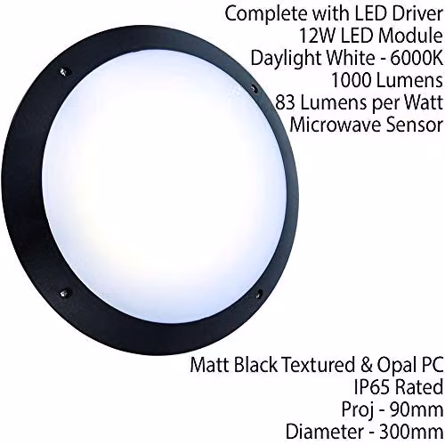 Loops IP65 Outdoor Round Bulkhead Lamp with Microwave Motion Sensor, 12W Cool White LED, Matt Black – 2