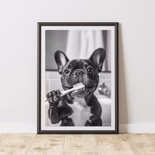 60 Second Makeover French Bulldog Brushing Teeth Animal Print Paper Poster, A4