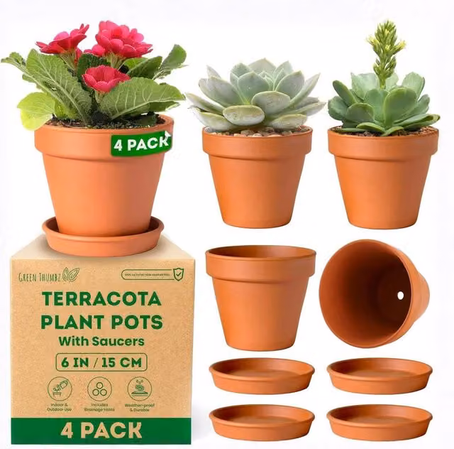 Volila Pack of 4 Brown Terracotta Clay Plant Pots with Saucers, Diameter: 15 cm