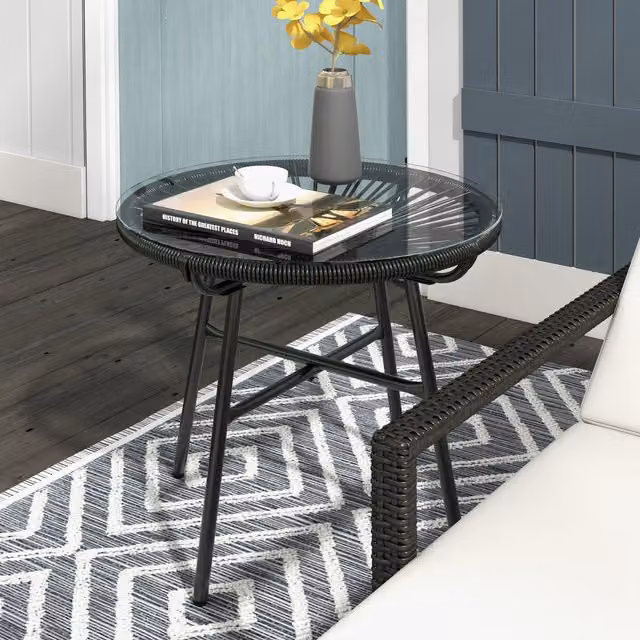 Outsunny Round PE Rattan Garden Table with Tempered Glass Top in Black
