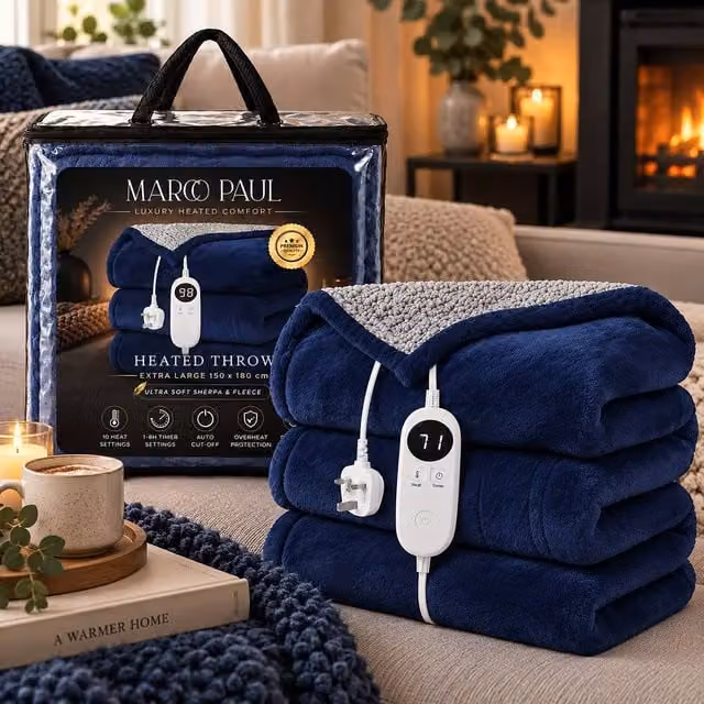 Marco Paul Luxury Navy Sherpa Fleece Electric Heated Throw, W: 150 cm x D: 180 cm – 1