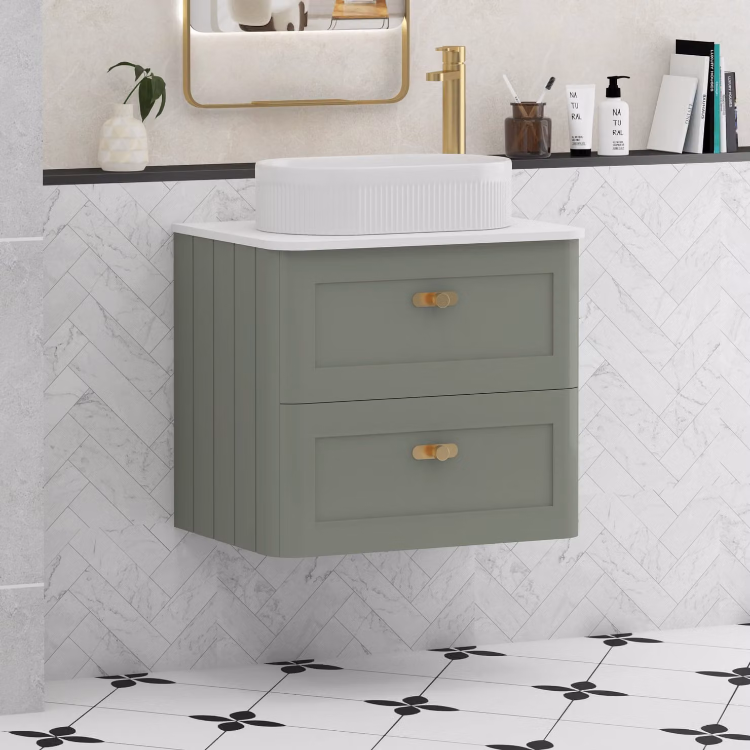 Royal Bathrooms Henley 600mm Sage Green Wall Hung 2 Drawer Vanity Unit with Plain White Worktop, Lyon Basin and Brushed Brass Knob