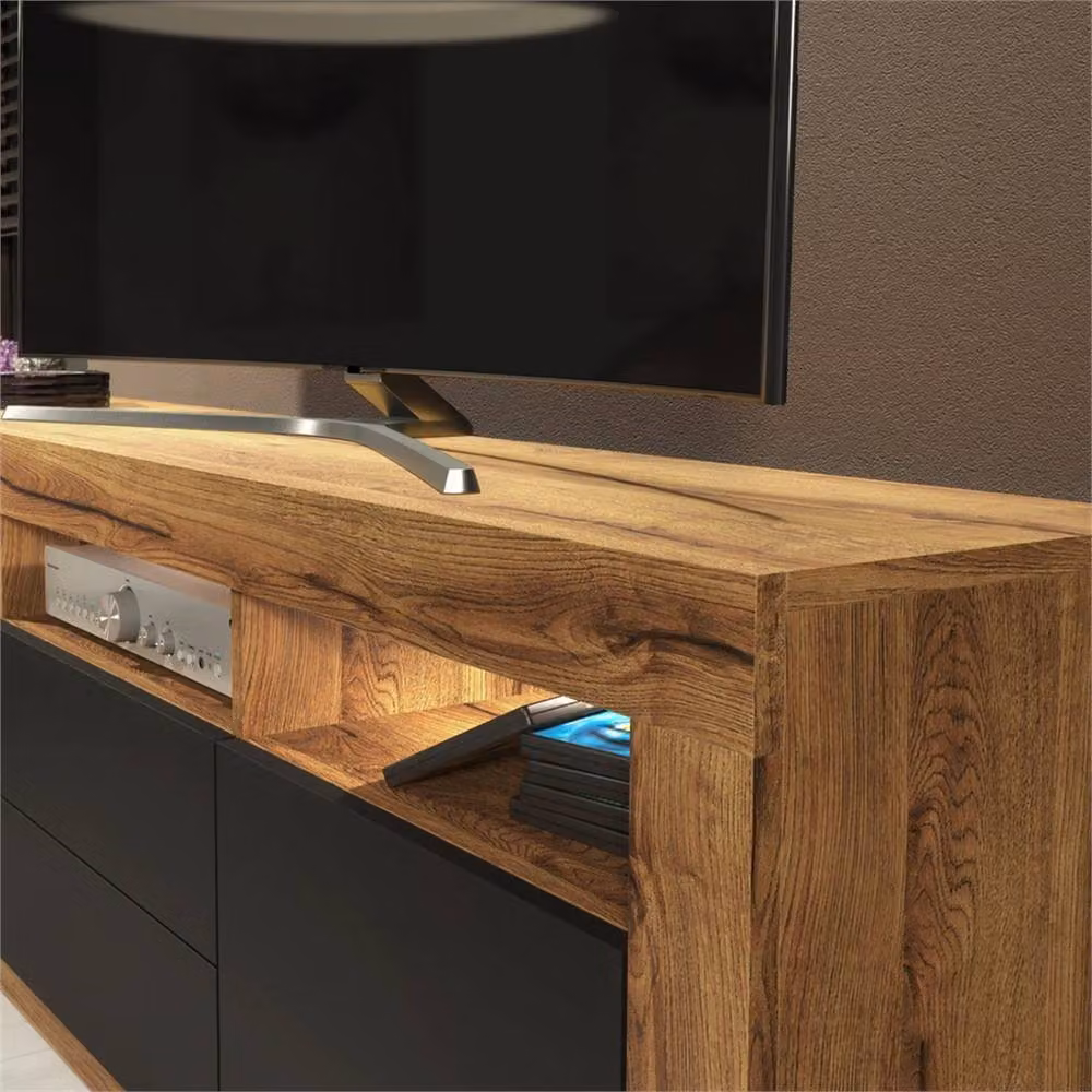 PAWNORA Modern TV Unit with Oak Matt Body and Black Matt Doors – 2