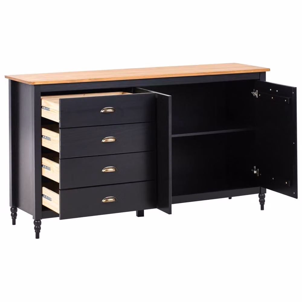 Wyld and Coco Nordic Luxe Sideboard in Black with Pine Top, 2 Doors and 4 Drawers – 4