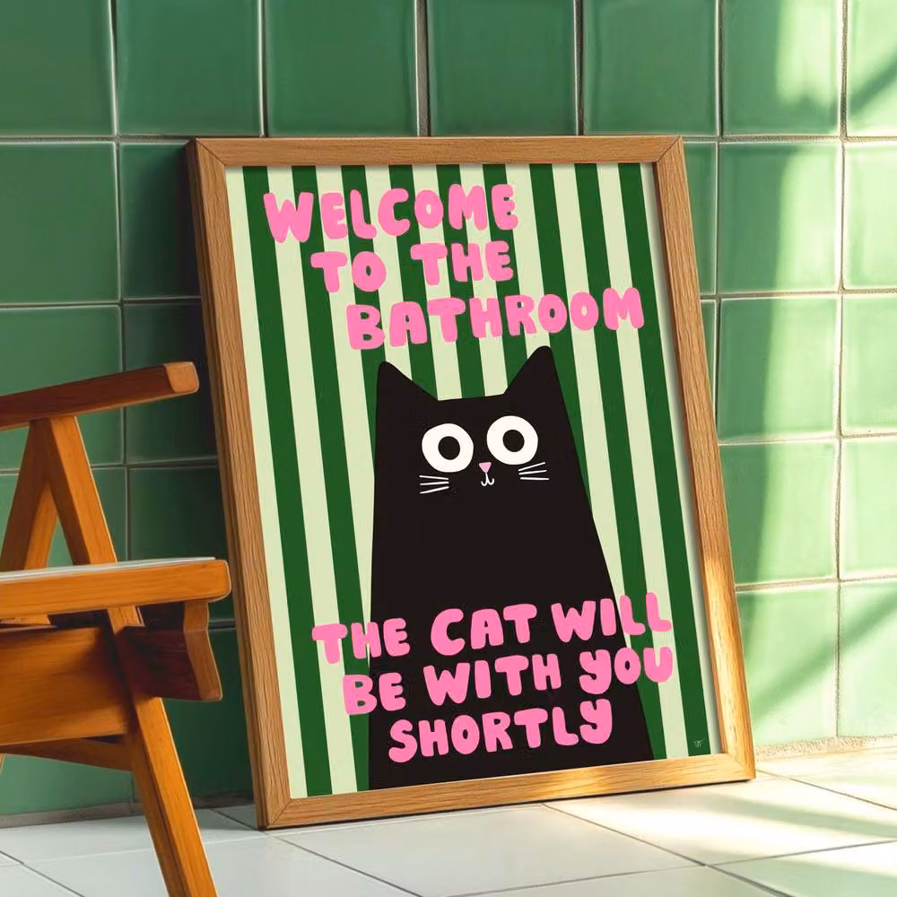 The Paper Tail Bathroom Cat Multicolour Paper Poster, W: 29.7 cm, H: 42.0 cm – 2