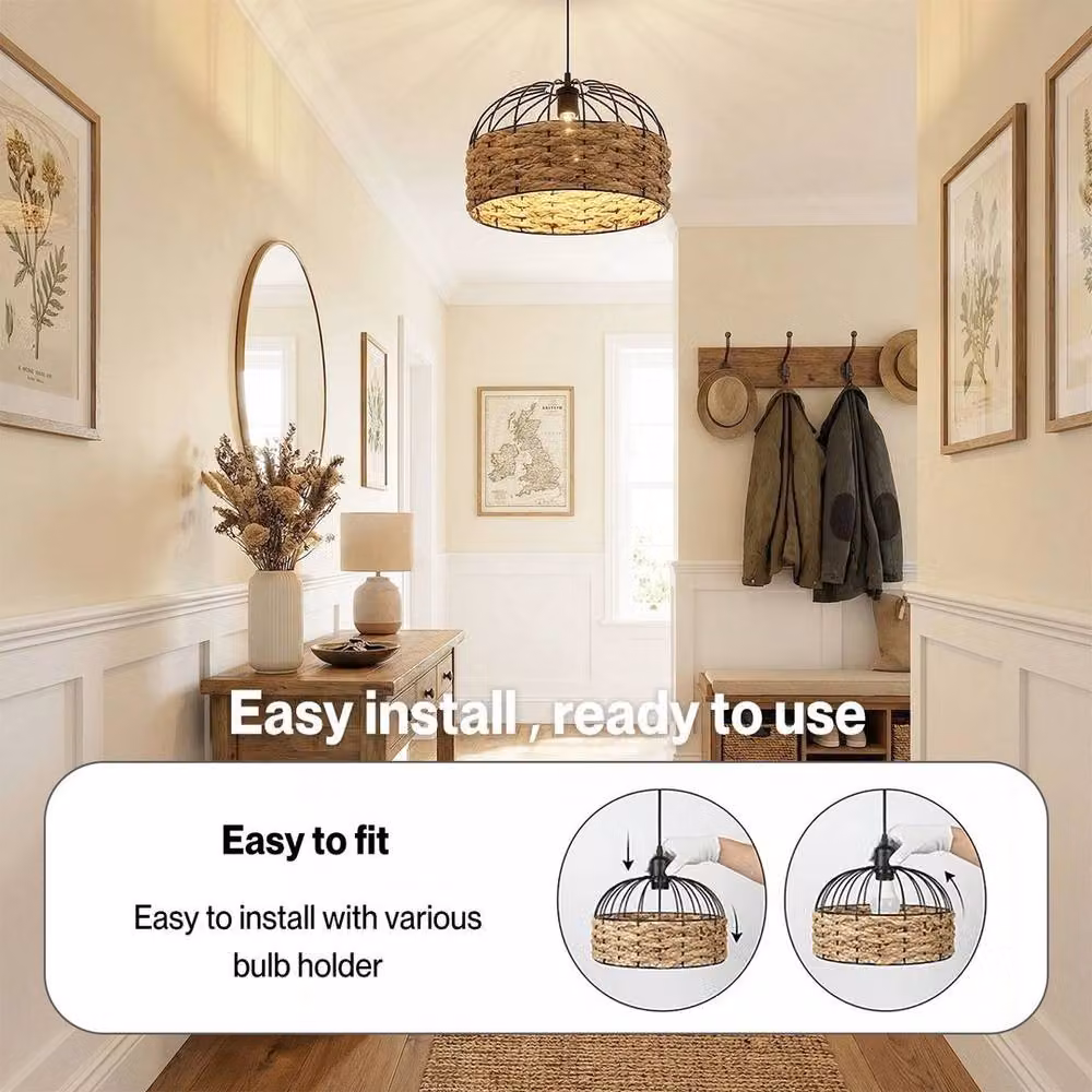 EONLION Brown Rattan and Metal Boho Dome Ceiling Pendant Light Shade – 4