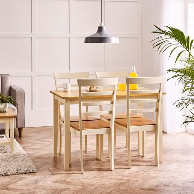 FurnitureboxUK Salcombe Small Rectangular Wooden Dining Table and 4 Whitby Dining Chairs in Beige
