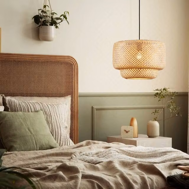 Eglo Hettonle Pendant Light in Black with Natural Rattan and Wood Details