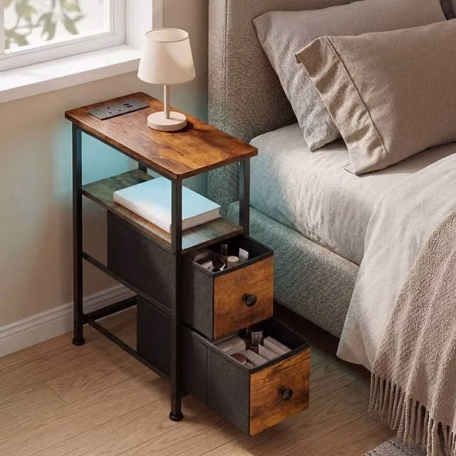 Levede Modern Brown Wood Bedside Table with Integrated LED Lighting