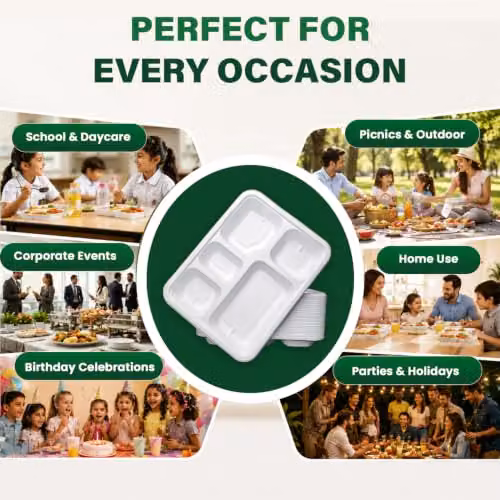 ECONX White 5 Compartment Deep Rectangle Bagasse Disposable Food Plates, 50 Pack – 5