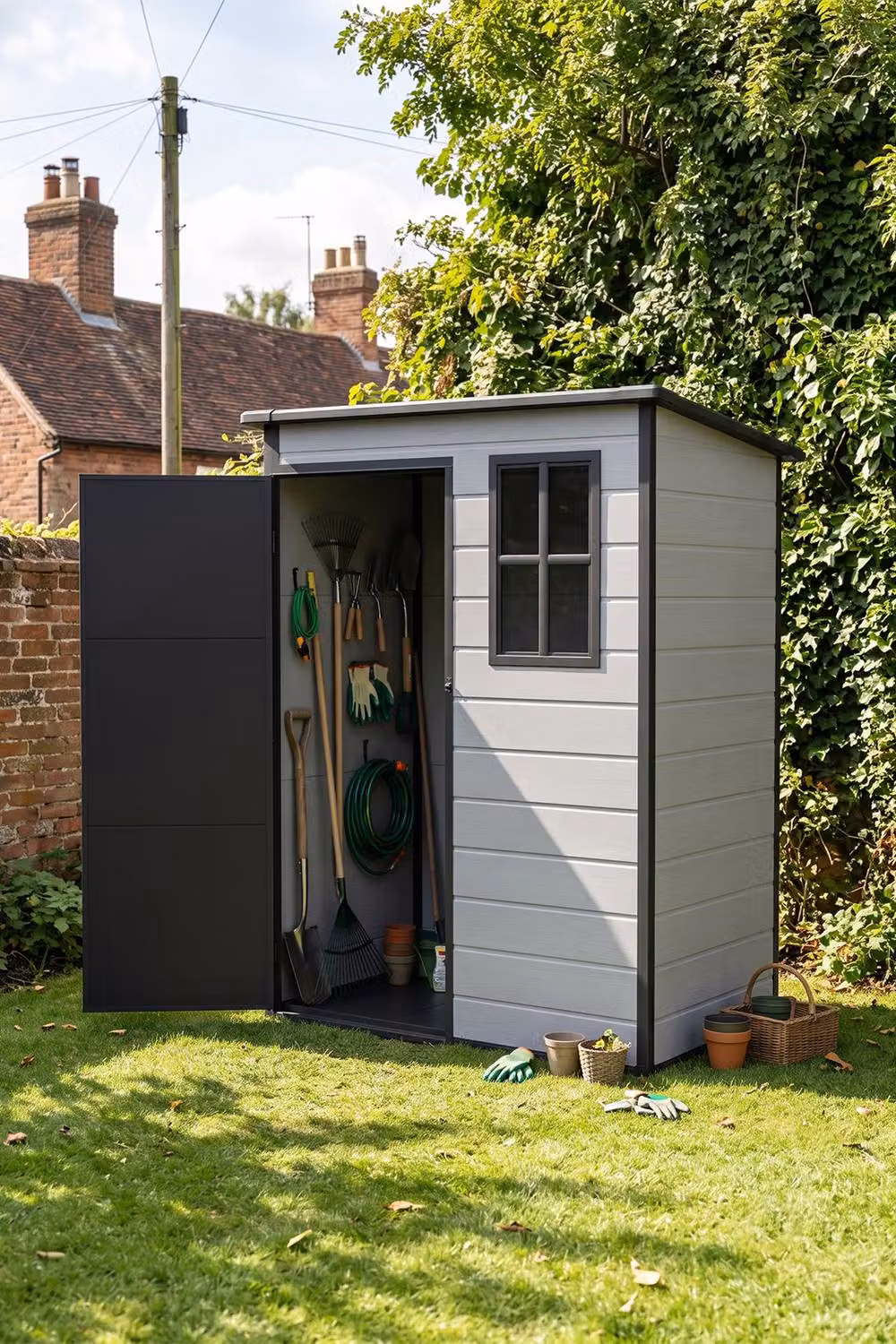Living and Home Grey Plastic Pent Garden Storage Shed with Lockable Door and Window, W: 152.4 cm, D: 91.44 cm, H: 182.88 cm – 2