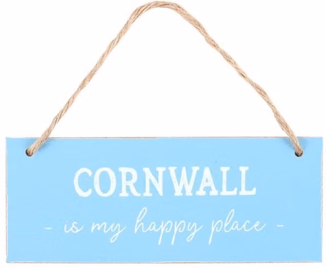 KDMK Cornwall Is My Happy Place Wooden Hanging Wall Sign in Blue and White