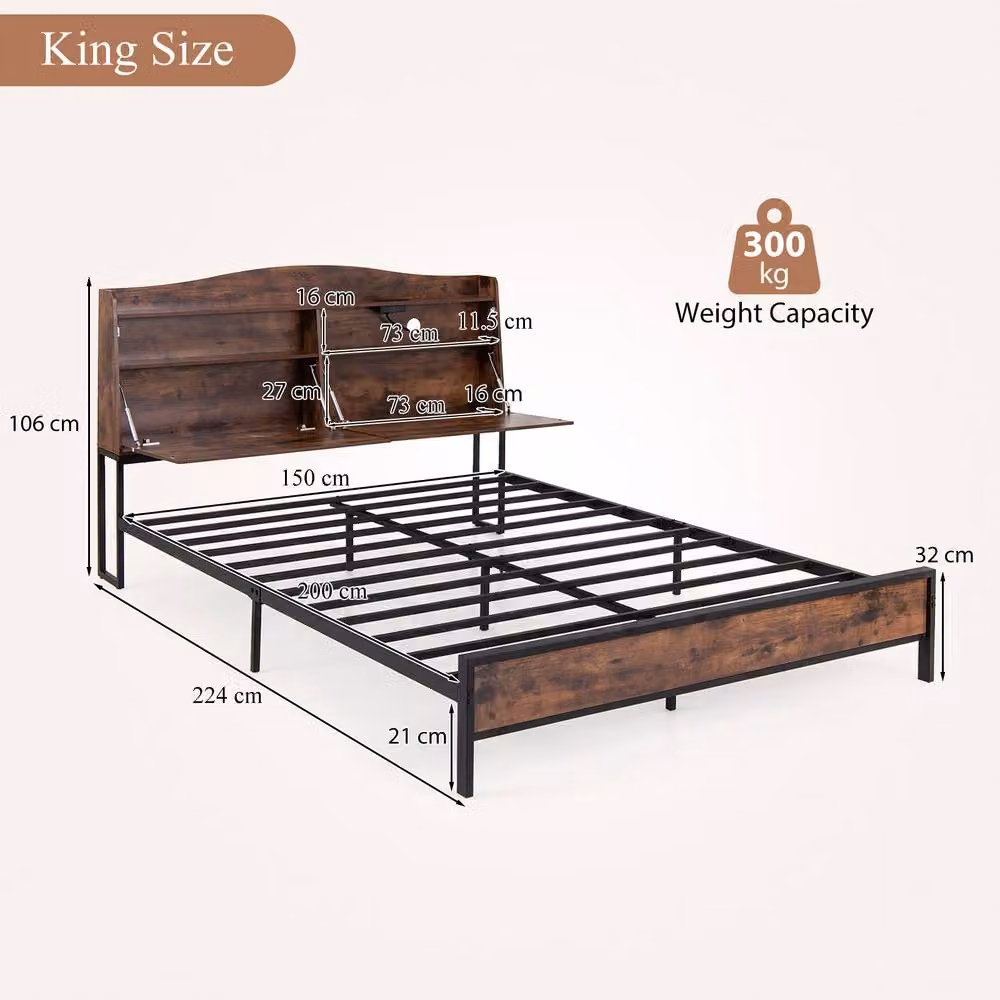 Costway King Size Industrial Metal Platform Bed Frame with USB Charging Station and Side Compartments, Brown, W/D/H: 180 x 200 cm – 2