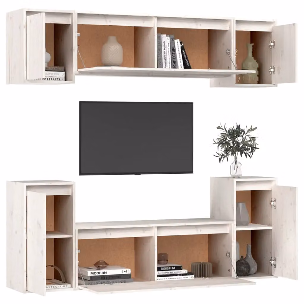 Berkfield Home 6-Piece White Lacquered Solid Pine Wall Mounted Cabinet Set with Hinged Doors and Internal Shelves – 3