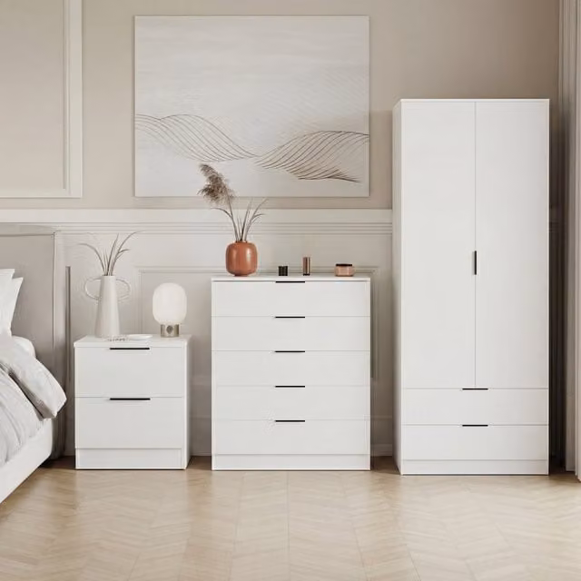 Vida Designs Trega 3 Piece Modern White Bedroom Set including Wardrobe, Chest of Drawers and Nightstand