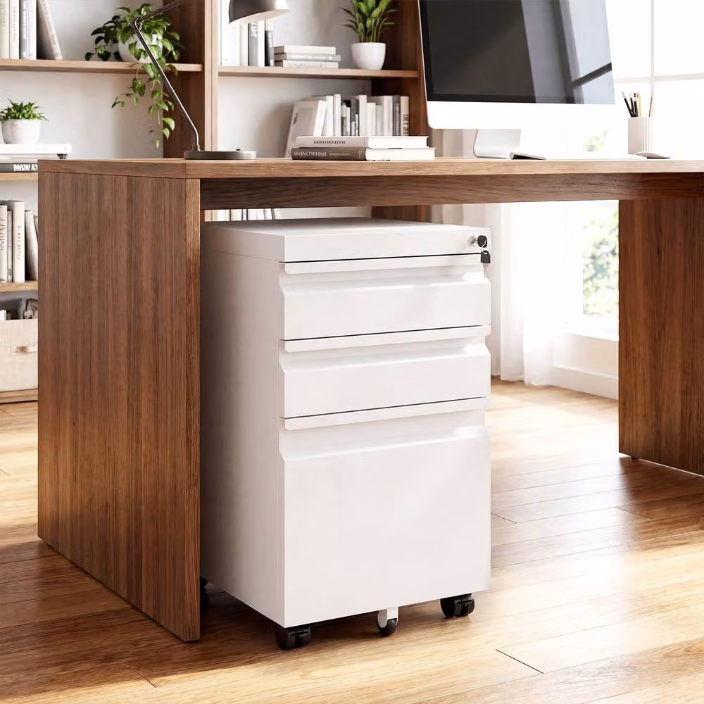 Costway 3-Drawer Mobile Metal Filing Cabinet with Castors and Lock in White – 5