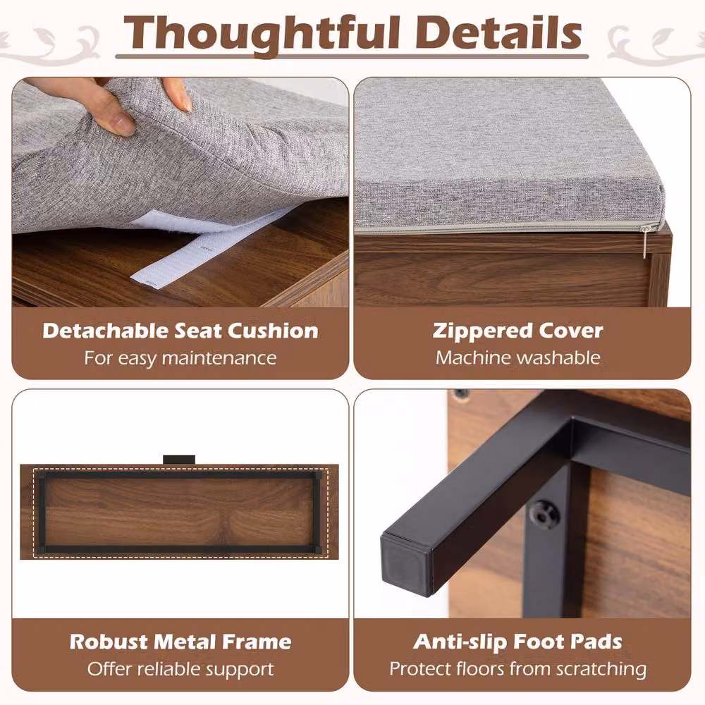 Costway Brown Shoe Storage Bench with Padded Fabric Cushion and Hidden Shoe Cabinet – 4