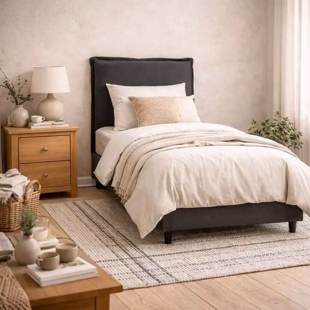 Wyld Haus Wexford 3ft Single Bed Upholstered Pillow Headboard in Dark Grey Linen – 1