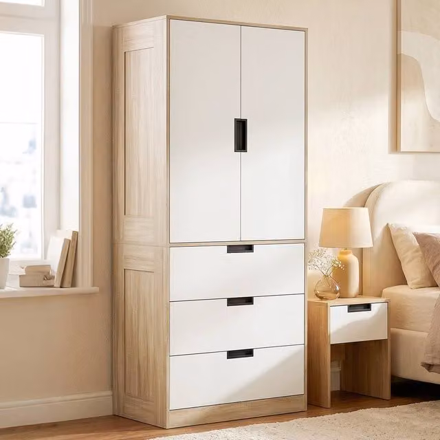 HOMCOM Modern Clothes Storage Cupboard with Hanging Rod and Soft Close Hinged Doors, Light Oak