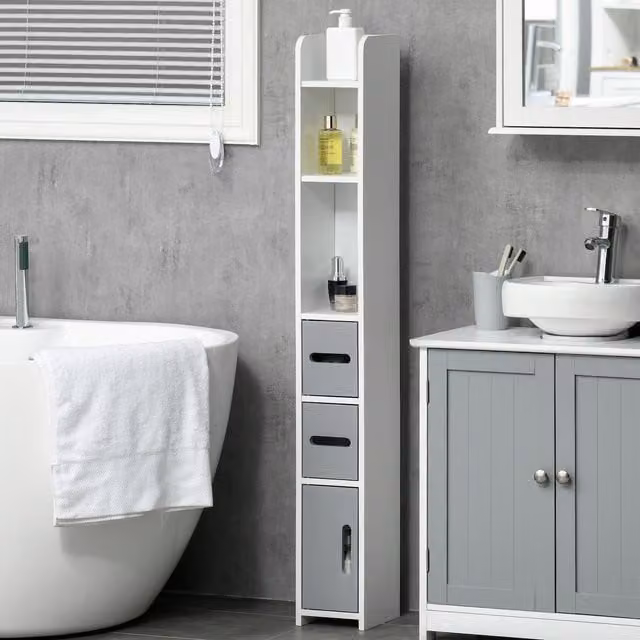 Kleankin Tall Freestanding Bathroom Storage Cabinet and Linen Tower in Grey