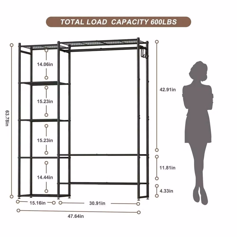 FORGEVIO Matt Black Metal Free Standing Clothes Rail and Open Wardrobe for Bedroom – 2