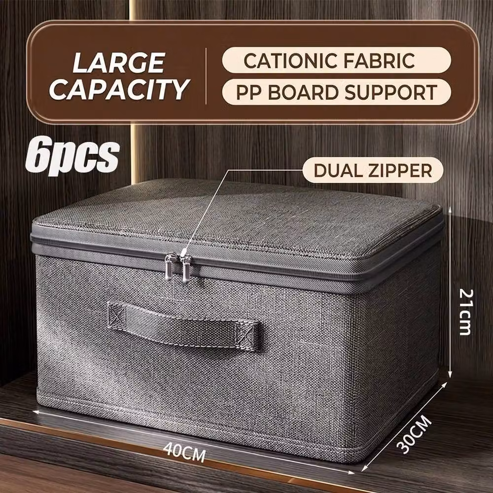 KORVIXA 6-Piece Set of Large Foldable Canvas Storage Boxes in Grey, Width: 90 cm – 2