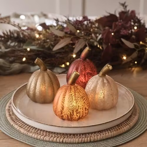Lights4Fun Set of 4 Multicolour Miniature Glass Pumpkin Decorations for Autumn and Halloween Tabletop Styling – 2