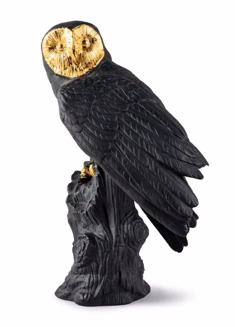 Lladró Limited Edition Owl Porcelain Sculpture in Black and Gold