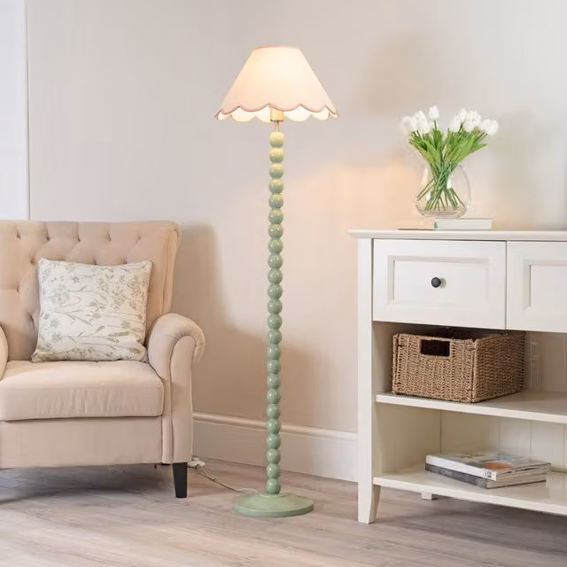 Bobbins Sage Ceramic Floor Lamp with Tapered Scallop Fabric Shade and LED Bulb in Pink