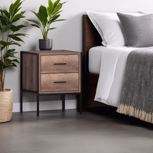 FWStyle 2 Drawer Bedside Table in Industrial Effect Cracked Oak Finish, Brown