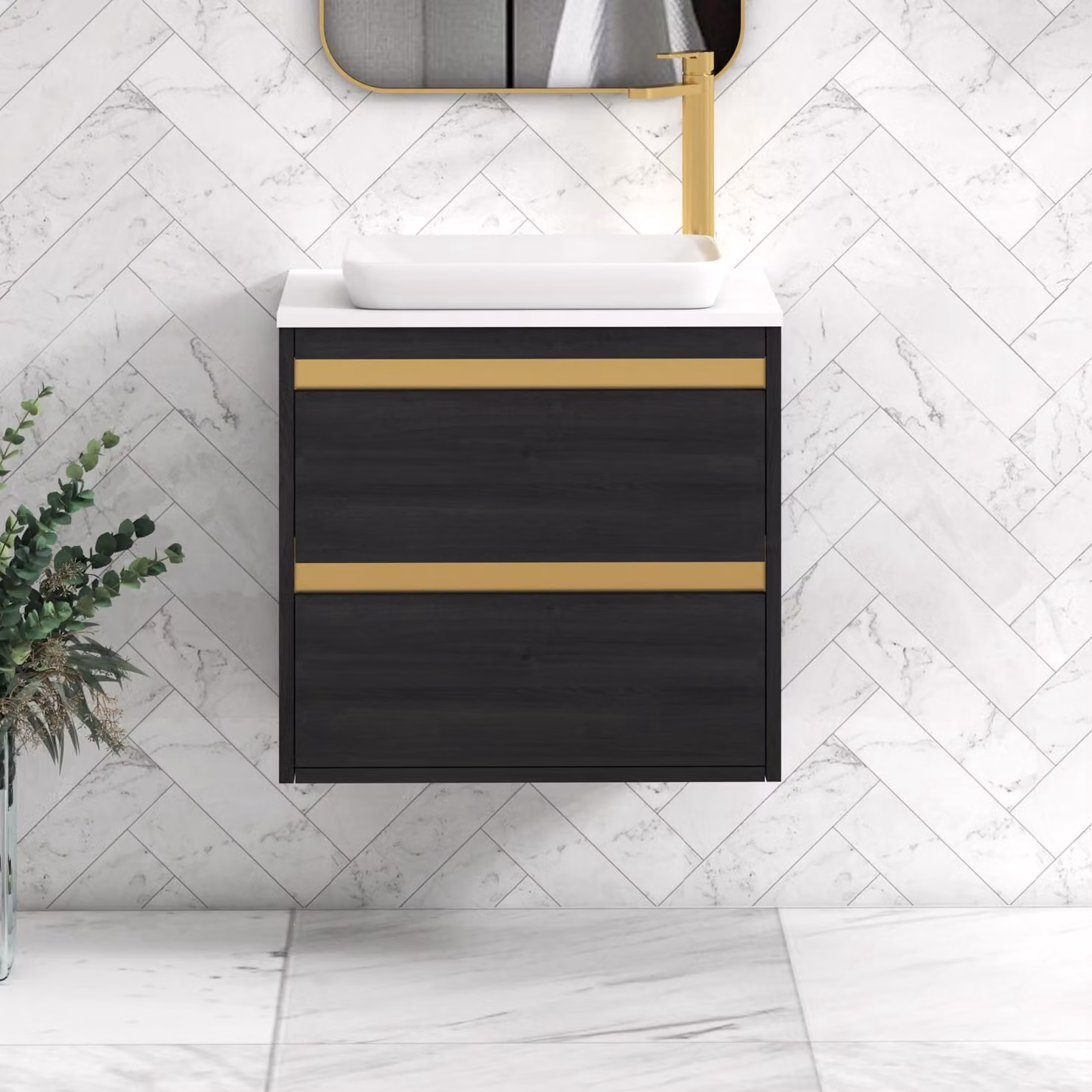 Royal Bathrooms Orion 600mm Hale Wall Hung Vanity Unit with Qubix Basin and Brushed Brass Accent Trim, Plain White and Black with 2 Drawers