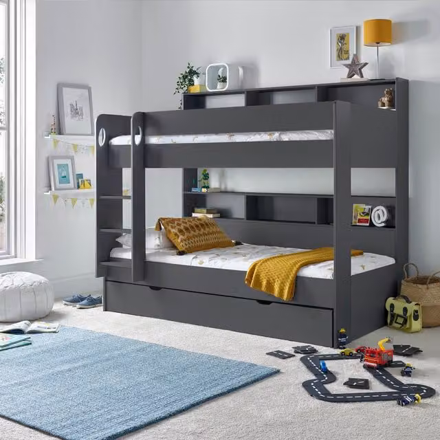 Bedmaster Olly Onyx Grey Two-Tier Storage Bunk Bed with Orthopaedic Spring Mattresses