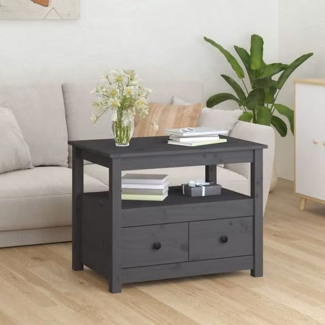 Berkfield Home Beautiful Grey Solid Wood Pine Coffee Table W: 71 cm, D: 49 cm, H: 55 cm – 1