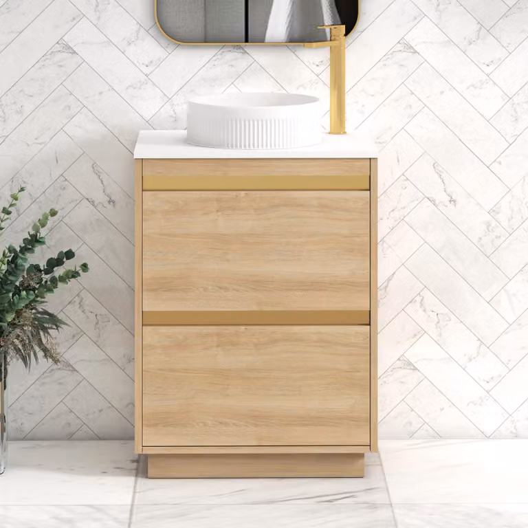 Royal Bathrooms Orion 600mm Natural Oak and Plain White Floor Standing 2 Drawer Vanity Unit with Round Basin and Brushed Brass Accent Trim