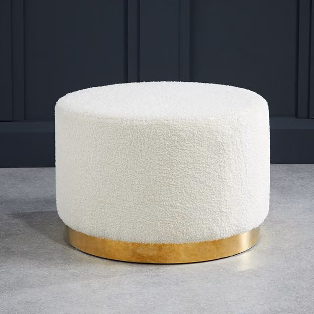 LPD Home Lara Boucle Fabric Pouffe in White and Gold