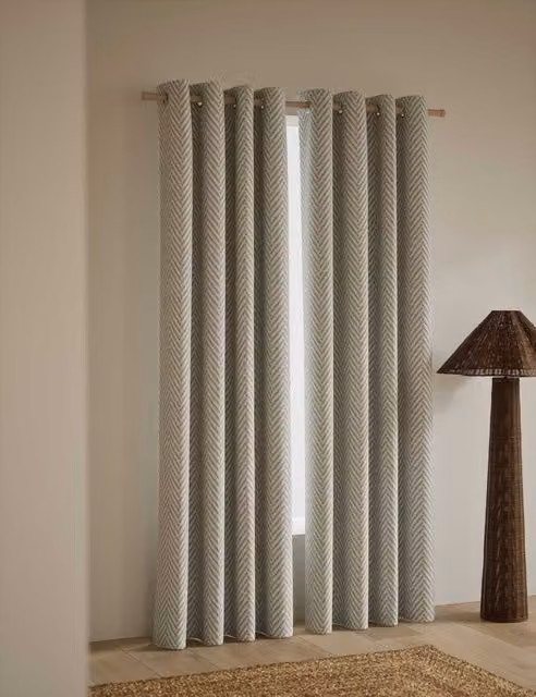 M&S Textured Herringbone Eyelet Curtains in Brown and Beige, H: 183 cm x W: 168 cm