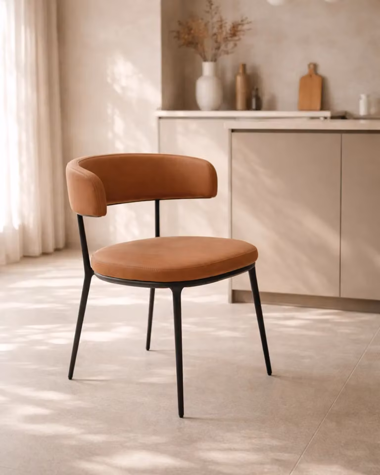 Satori Colonial Dining Chair by Tommy Franks in Black and Brown Fabric with Metal Upholstered Frame