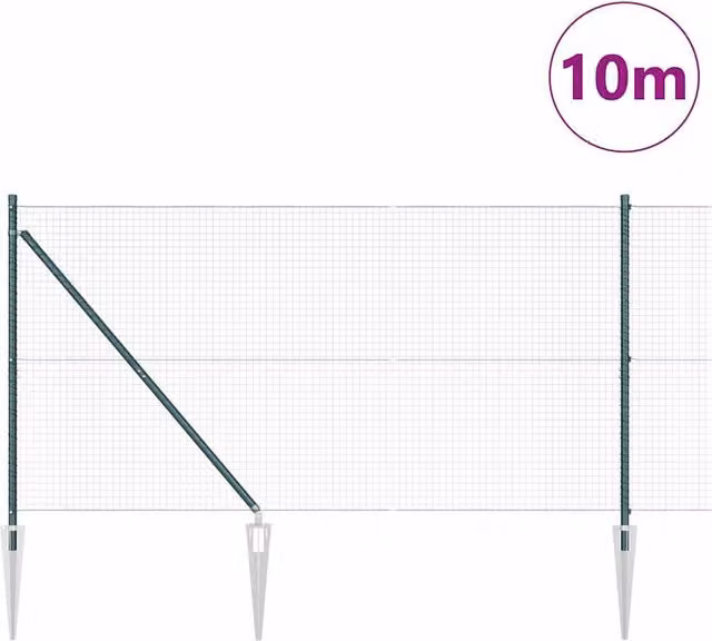 Berkfield Home Green PVC Coated Steel Welded Wire Fence with 7 In-Ground Spike Posts, H: 140 cm, W: 10 m