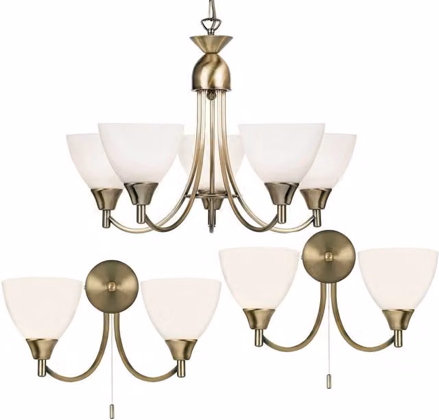 Loops Lighting Pack with 5 Lamp Ceiling Light and 2x Twin Wall Lights in Antique Brass and Clear Glass