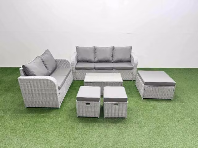 Fimous 8 Seater Grey PE Rattan Wicker Garden Furniture Set with 3 Seater Sofa, Love Seat, 3 Ottomans and Rectangular Coffee Table