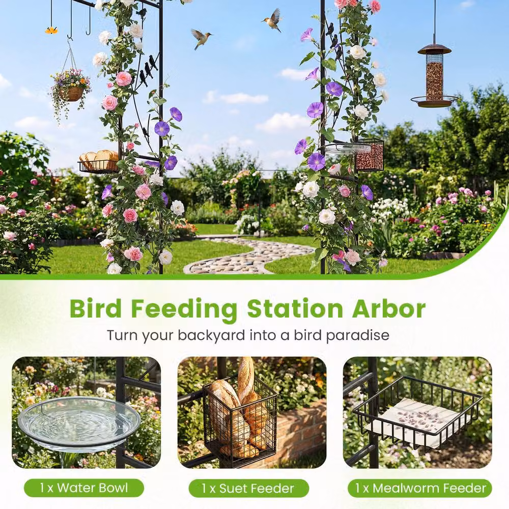 Costway Garden Arbor Feeding Station Black Heavy-duty Metal Arch Trellis with Mesh Tray – 5