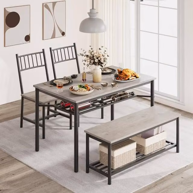 London Boutique 4-Piece Modern Rectangular Dining Table Set with 2 Chairs and Storage Bench in Grey – 1